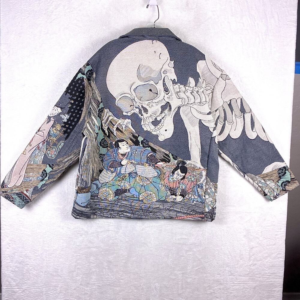 Rebel Vengeance Jacket Mens XL Ukiyo-e Japanese Tapestry Skeleton Samurai Skull